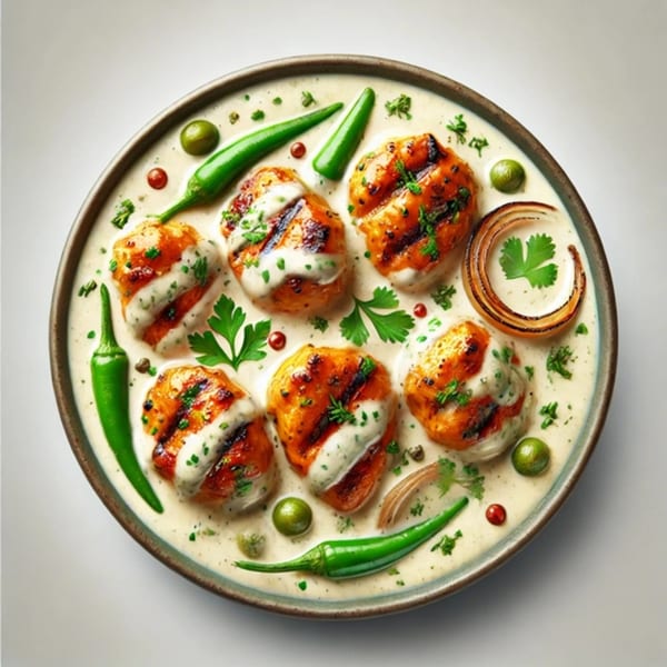 Indian chicken tikka in creamy sauce with green chilies, cilantro, and onion on a plate.
