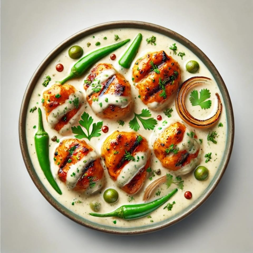 Indian chicken tikka in creamy sauce with green chilies, cilantro, and onion on a plate.
