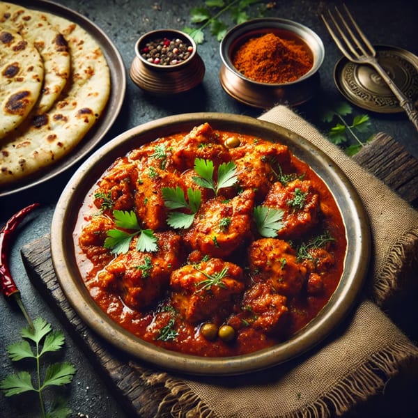A vibrant Indian chicken curry with naan bread, spices, and a fork on a dark surface.