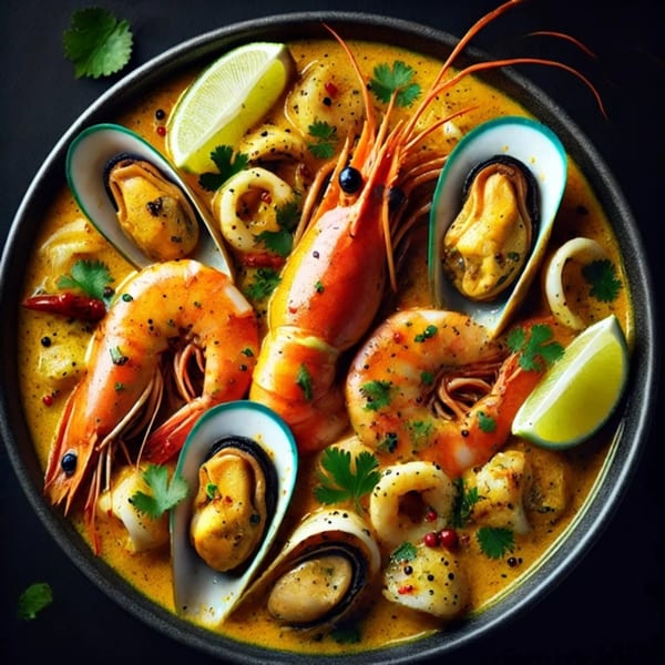 A vibrant Indian seafood curry with prawns, mussels, squid, and lime wedges in a dark bowl.