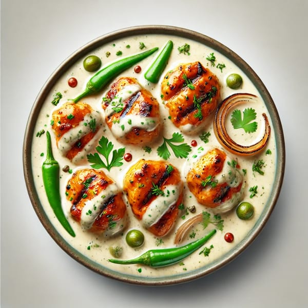 Indian chicken tikka in creamy sauce with green chilies, cilantro, and onion on a plate.