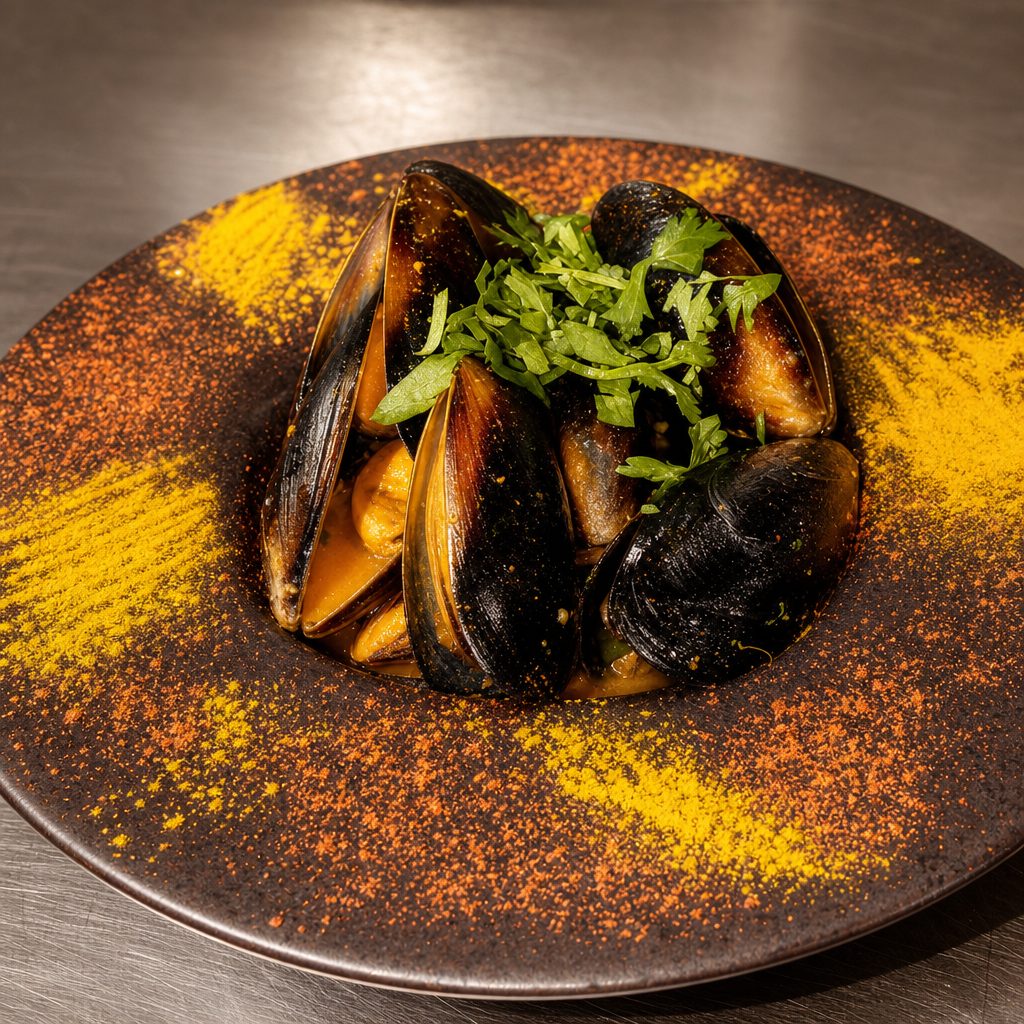 Spicy Sautéed Mussels with Naan.