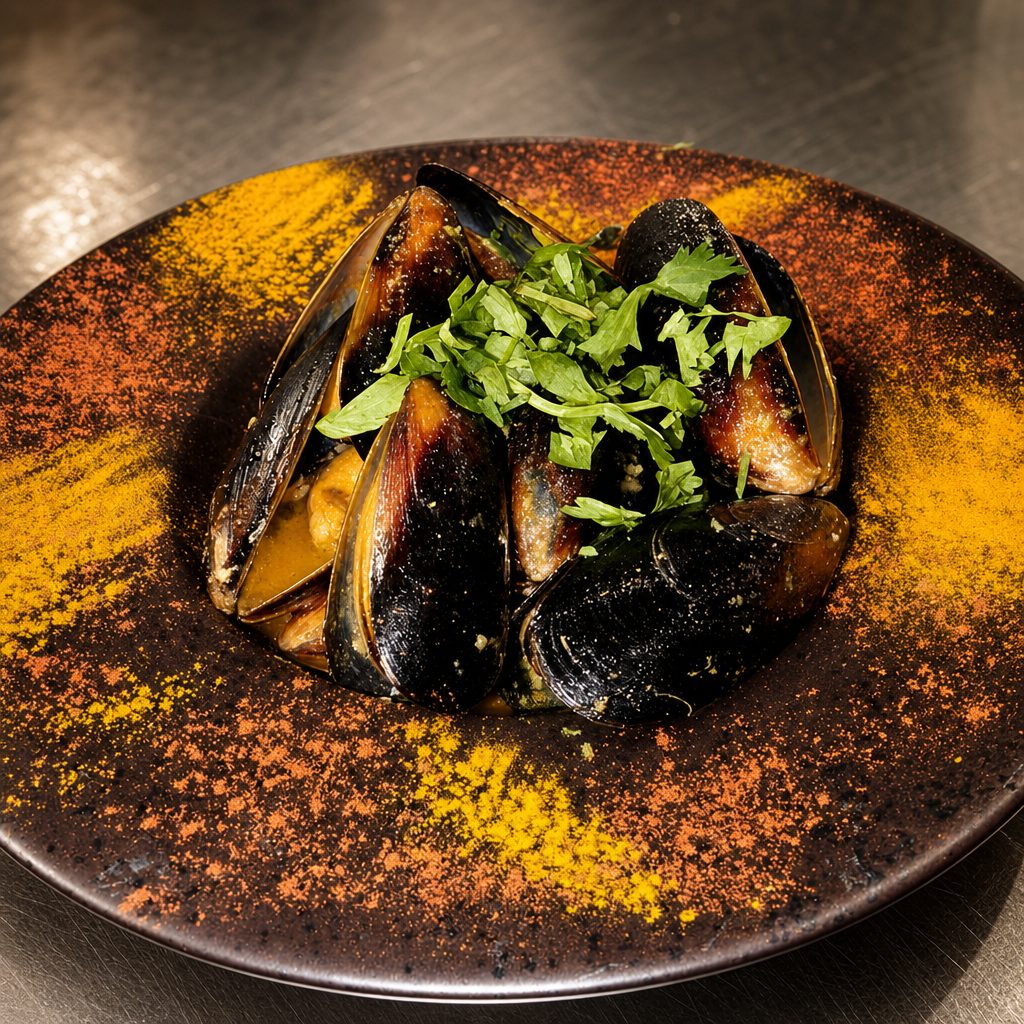 Spicy Sautéed Mussels with Naan.