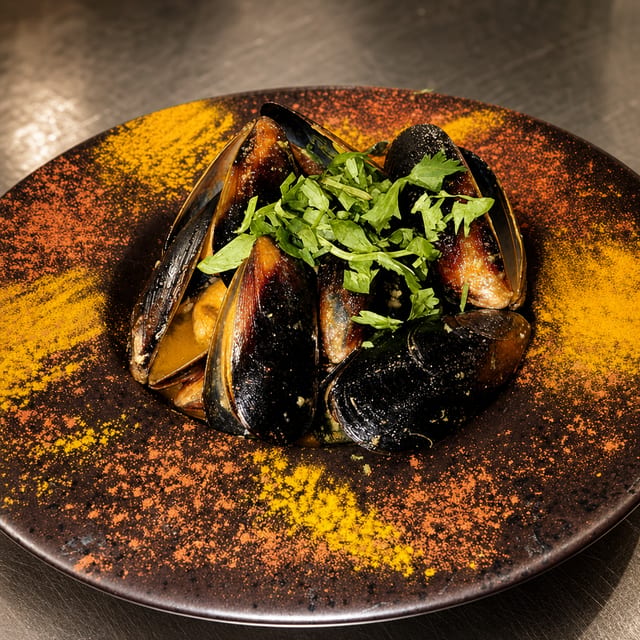 Spicy Sautéed Mussels with Naan.